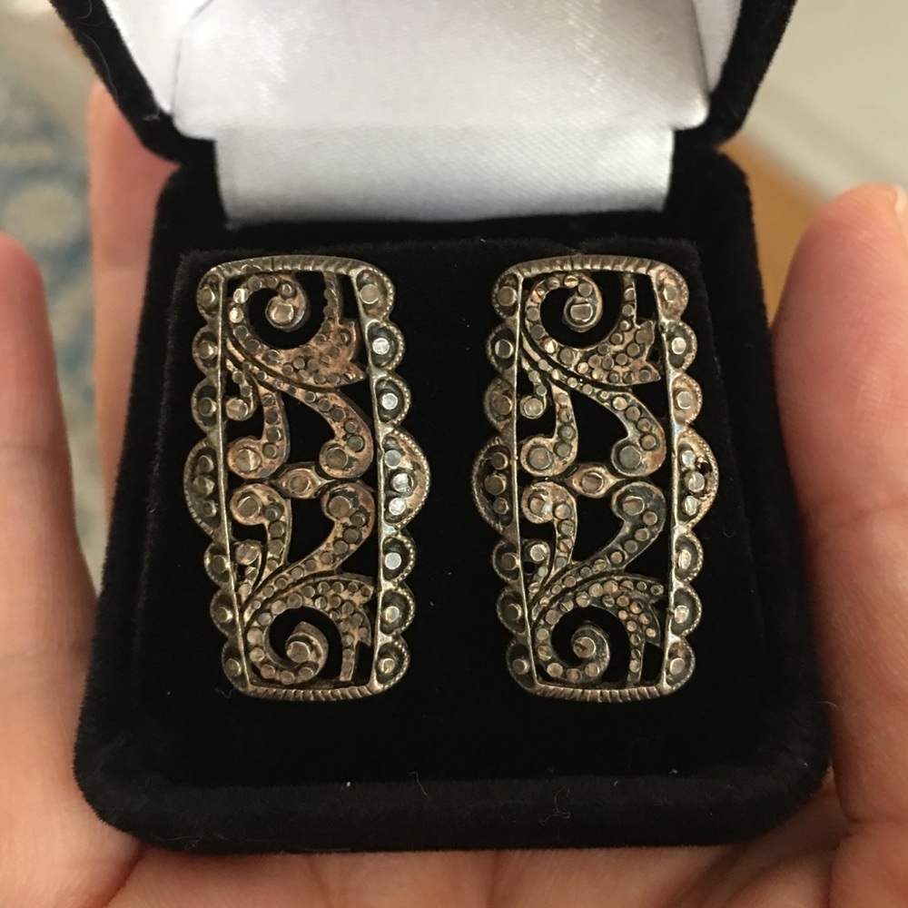 Antique Solid Sterling Silver Marcasite Large Ear… - image 3